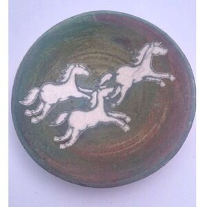 Jeremy Diller Handmade Raku Pottery Art Bowl with Iridescent Glaze & Horse Motif